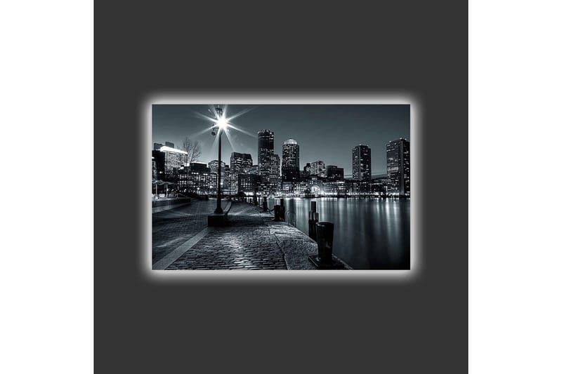 Canvastavla med LED-belysning - Stadslandskap i svartvitt med reflektioner i vattnet - Svart / Grå - Inredning - Tavlor & posters - Canvastavla