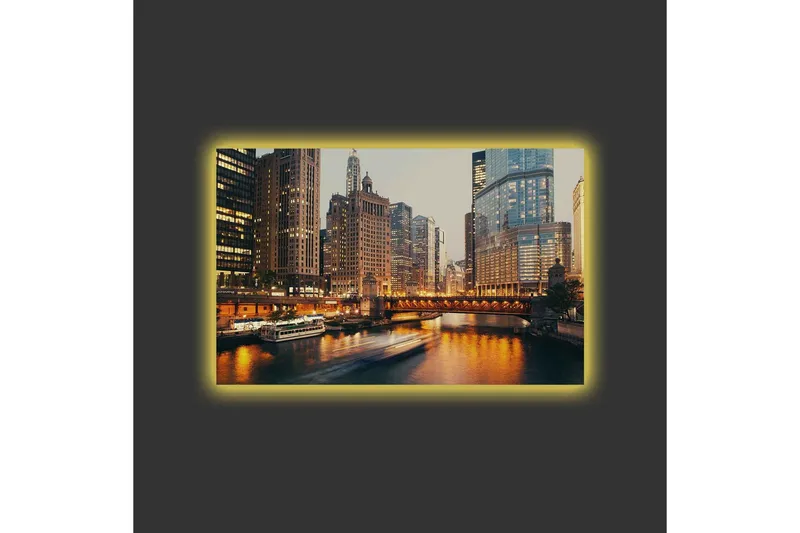 Canvastavla med LED-belysning - Stadslandskap med skyskrapor vid en flod i skymning - Guld / Blå / Grå - Inredning - Tavlor & posters - Canvastavla