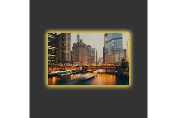 Canvastavla med LED-belysning - Stadslandskap med skyskrapor vid en flod i skymning - Guld / Blå / Grå - Inredning - Tavlor & posters - Canvastavla