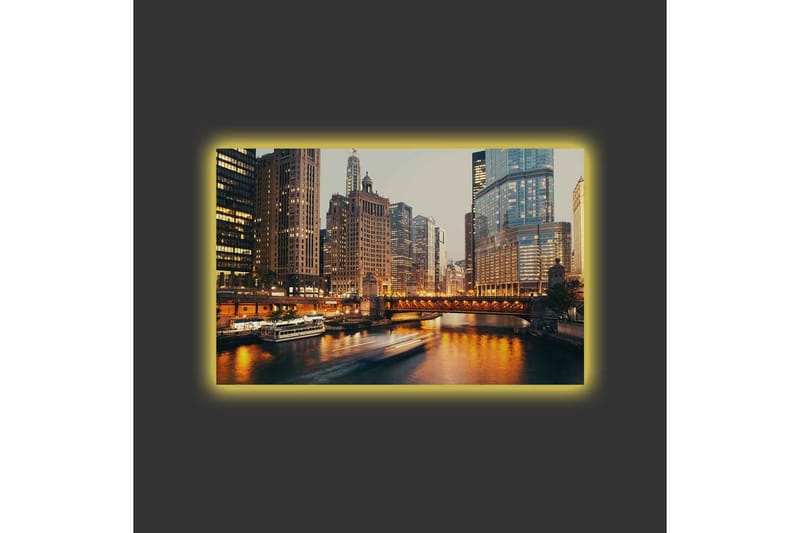 Canvastavla med LED-belysning - Stadslandskap med skyskrapor vid en flod i skymning - Guld / Blå / Grå - Inredning - Tavlor & posters - Canvastavla