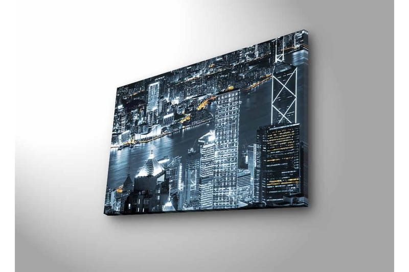 Canvastavla med LED-belysning - Stadssilhuett av en nattlig skyline med ljusreflektioner i vattnet - Svart / Grå / Vit - Inredning - Tavlor & posters - Canvastavla