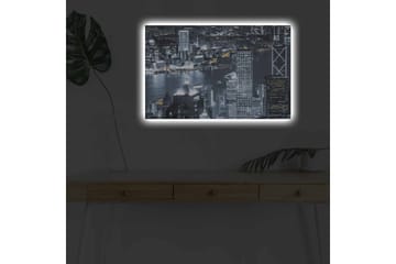 Canvastavla med LED-belysning - Stadssilhuett av en nattlig skyline med ljusreflektioner i vattnet - Svart / Grå / Vit - Inredning - Tavlor & posters - Canvastavla