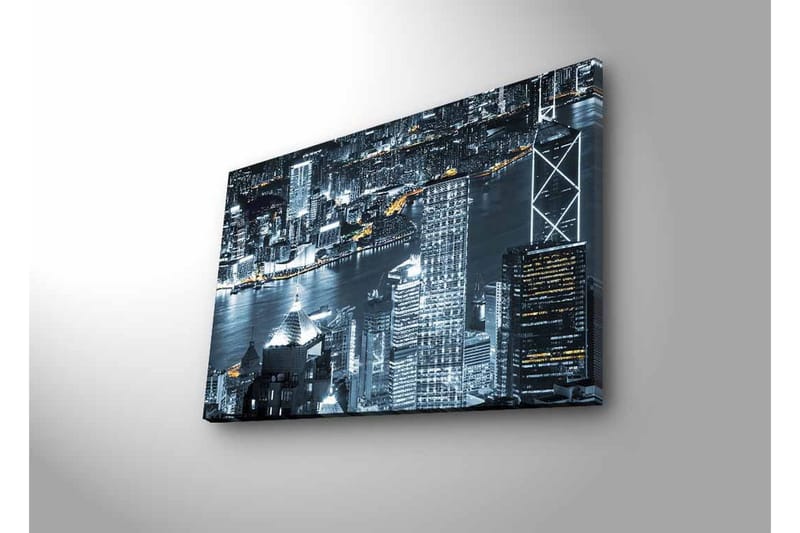 Canvastavla med LED-belysning - Stadssilhuett av en nattlig skyline med ljusreflektioner i vattnet - Svart / Grå / Vit - Inredning - Tavlor & posters - Canvastavla