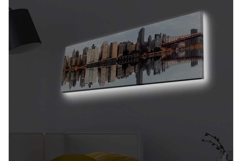 Canvastavla med LED-belysning - Stadssilhuett med reflektioner i vattnet - Grå / Beige / Orange - Inredning - Tavlor & posters - Canvastavla