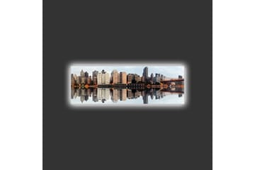 Canvastavla med LED-belysning - Stadssilhuett med reflektioner i vattnet - Grå / Beige / Orange - Inredning - Tavlor & posters - Canvastavla
