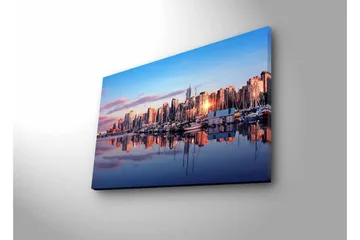 Canvastavla med LED-belysning - Stadssilhuett vid solnedgång med reflektioner i vattnet - Blå / Orange / Lila - Inredning - Tavlor & posters - Canvastavla