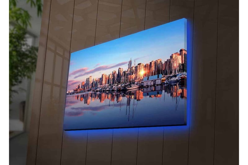 Canvastavla med LED-belysning - Stadssilhuett vid solnedgång med reflektioner i vattnet - Blå / Orange / Lila - Inredning - Tavlor & posters - Canvastavla