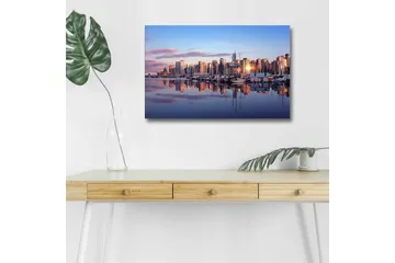 Canvastavla med LED-belysning - Stadssilhuett vid solnedgång med reflektioner i vattnet - Blå / Orange / Lila - Inredning - Tavlor & posters - Canvastavla