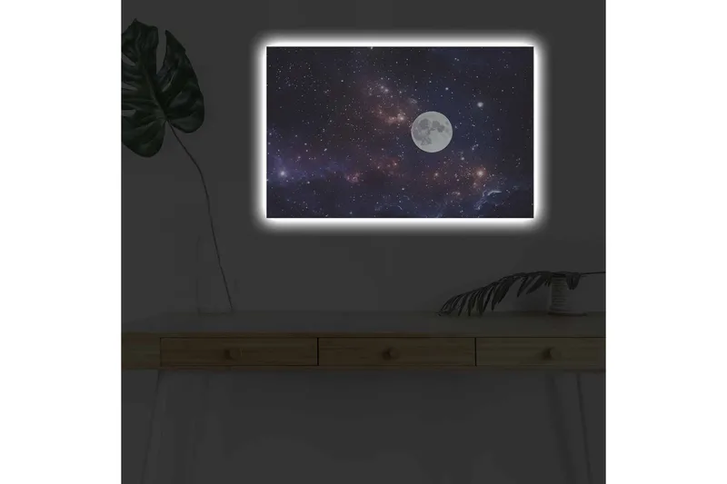 Canvastavla med LED-belysning - Stjärnfull natthimmel med en stor måne - Mörkblå / Lila / Vit - Inredning - Tavlor & posters - Canvastavla
