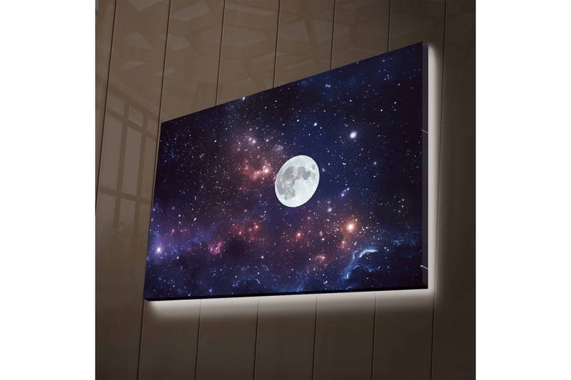 Canvastavla med LED-belysning - Stjärnfull natthimmel med en stor måne - Mörkblå / Lila / Vit - Inredning - Tavlor & posters - Canvastavla
