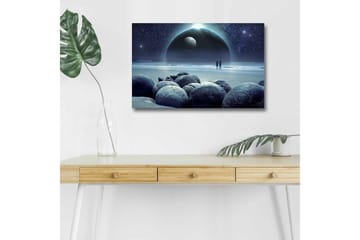 Canvastavla med LED-belysning - Stjärnklädd himmel med två silhuetter vid en strand och stora stenar i förgrunden - Mörkblå / Grå / Svart - Inredning - Tavlor & posters - Canvastavla