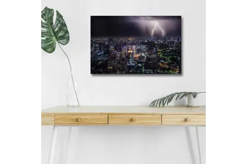 Canvastavla med LED-belysning - Stormig stadsutsikt med blixtar som lyser upp natten - Mörkblå / Grön / Vit - Inredning - Tavlor & posters - Canvastavla