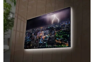 Canvastavla med LED-belysning - Stormig stadsutsikt med blixtar som lyser upp natten - Mörkblå / Grön / Vit - Inredning - Tavlor & posters - Canvastavla