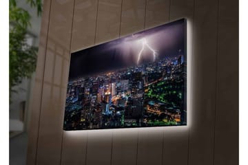 Canvastavla med LED-belysning - Stormig stadsutsikt med blixtar som lyser upp natten - Mörkblå / Grön / Vit - Inredning - Tavlor & posters - Canvastavla