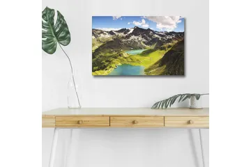 Canvastavla med LED-belysning - Storslagen bergslandskap med en glittrande sjö och grönskande dalar - Grön / Blå / Vit - Inredning - Tavlor & posters - Canvastavla