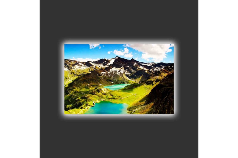 Canvastavla med LED-belysning - Storslagen bergslandskap med glittrande sjöar och gröna ängar - Grön / Blå / Vit - Inredning - Tavlor & posters - Canvastavla