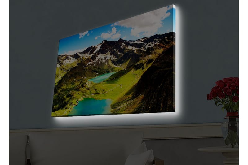 Canvastavla med LED-belysning - Storslagen bergslandskap med glittrande sjöar och gröna ängar - Grön / Blå / Vit - Inredning - Tavlor & posters - Canvastavla