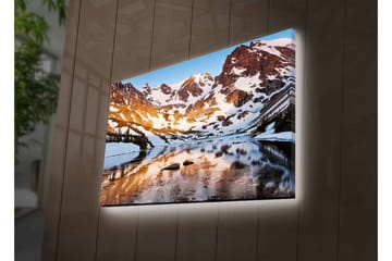 Canvastavla med LED-belysning - Storslagen fjällandskap med spegelblanka sjöar och snötäckta toppar - Blå / Vit / Gyllene - Inredning - Tavlor & posters - Canvastavla