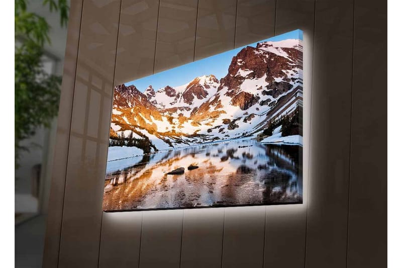 Canvastavla med LED-belysning - Storslagen fjällandskap med spegelblanka sjöar och snötäckta toppar - Blå / Vit / Gyllene - Inredning - Tavlor & posters - Canvastavla