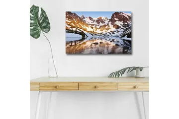 Canvastavla med LED-belysning - Storslagen fjällandskap med spegelblanka sjöar och snötäckta toppar - Blå / Vit / Gyllene - Inredning - Tavlor & posters - Canvastavla