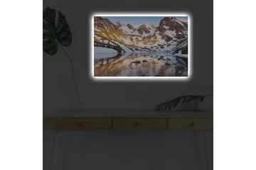 Canvastavla med LED-belysning - Storslagen fjällandskap med spegelblanka sjöar och snötäckta toppar - Blå / Vit / Gyllene - Inredning - Tavlor & posters - Canvastavla