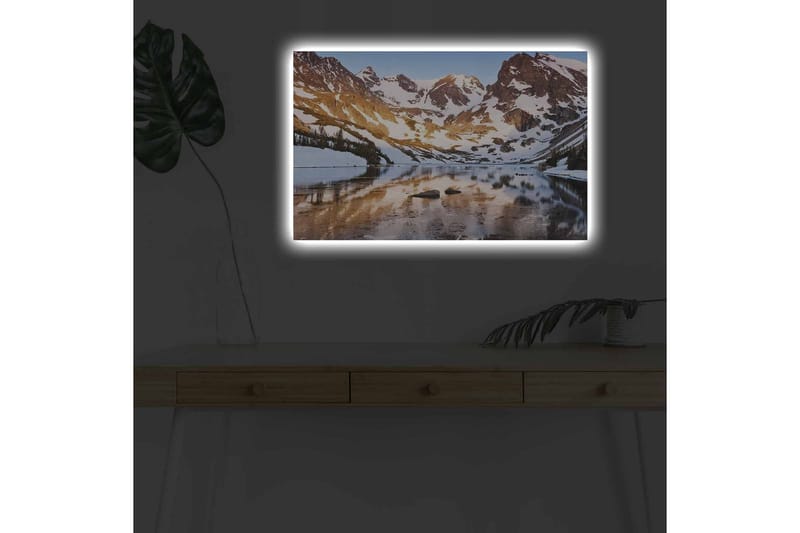 Canvastavla med LED-belysning - Storslagen fjällandskap med spegelblanka sjöar och snötäckta toppar - Blå / Vit / Gyllene - Inredning - Tavlor & posters - Canvastavla