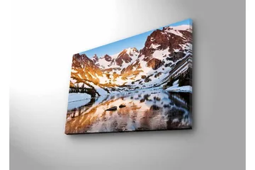 Canvastavla med LED-belysning - Storslagen fjällandskap med spegelblanka sjöar och snötäckta toppar - Blå / Vit / Gyllene - Inredning - Tavlor & posters - Canvastavla