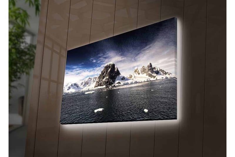 Canvastavla med LED-belysning - Storslagen fjällkedja med snöklädda toppar vid en spegelblanka sjö - Mörkblå / Vit / Grå - Inredning - Tavlor & posters - Canvastavla