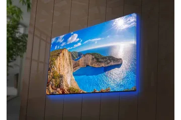 Canvastavla med LED-belysning - Storslagen kustlandskap med klippor och turkost hav - Turkos / Beige / Grön - Inredning - Tavlor & posters - Canvastavla