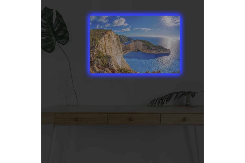 Canvastavla med LED-belysning - Storslagen kustlandskap med klippor och turkost hav - Turkos / Beige / Grön - Inredning - Tavlor & posters - Canvastavla