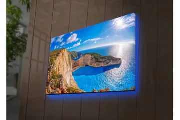 Canvastavla med LED-belysning - Storslagen kustlandskap med klippor och turkost hav - Turkos / Beige / Grön - Inredning - Tavlor & posters - Canvastavla