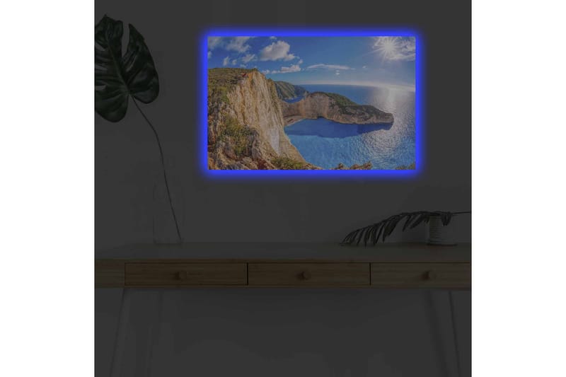 Canvastavla med LED-belysning - Storslagen kustlandskap med klippor och turkost hav - Turkos / Beige / Grön - Inredning - Tavlor & posters - Canvastavla