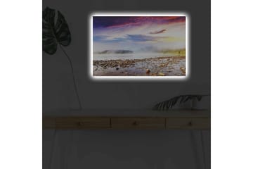 Canvastavla med LED-belysning - Storslagen landskapsvy med dimma över en sjö och färgsprakande himmel - Lila / Orange / Blå - Inredning - Tavlor & posters - Canvastavla