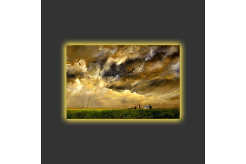 Canvastavla med LED-belysning - Storslagen landskapsvy med dramatiska moln och en gård i horisonten - Guld / Mörkblå / Grön - Inredning - Tavlor & posters - Canvastavla