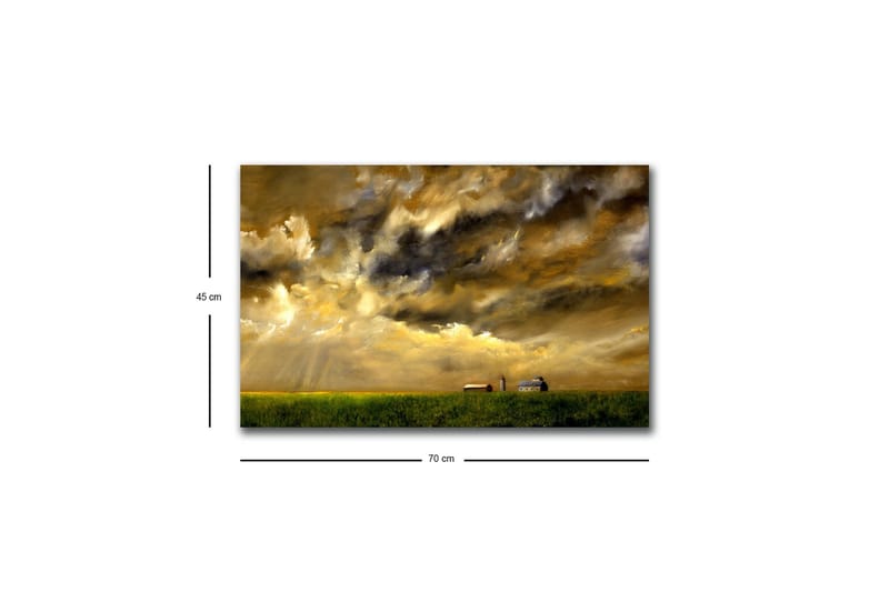 Canvastavla med LED-belysning - Storslagen landskapsvy med dramatiska moln och en gård i horisonten - Guld / Mörkblå / Grön - Inredning - Tavlor & posters - Canvastavla