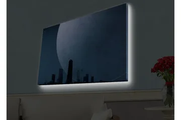 Canvastavla med LED-belysning - Storslagen måne över en stadssilhuett i skymning - Mörkblå / Grå / Svart - Inredning - Tavlor & posters - Canvastavla