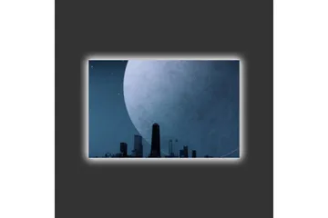 Canvastavla med LED-belysning - Storslagen måne över en stadssilhuett i skymning - Mörkblå / Grå / Svart - Inredning - Tavlor & posters - Canvastavla