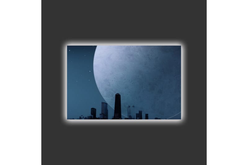 Canvastavla med LED-belysning - Storslagen måne över en stadssilhuett i skymning - Mörkblå / Grå / Svart - Inredning - Tavlor & posters - Canvastavla