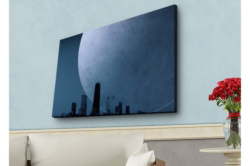Canvastavla med LED-belysning - Storslagen måne över en stadssilhuett i skymning - Mörkblå / Grå / Svart - Inredning - Tavlor & posters - Canvastavla