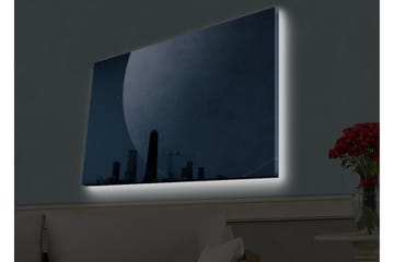 Canvastavla med LED-belysning - Storslagen måne över en stadssilhuett i skymning - Mörkblå / Grå / Svart - Inredning - Tavlor & posters - Canvastavla