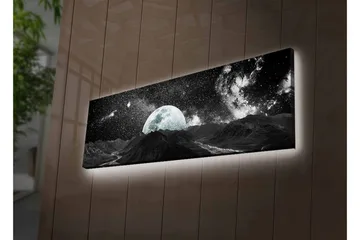 Canvastavla med LED-belysning - Storslagen måne över ett bergigt landskap med stjärnklara himmel - Svart / Grå / Vit - Inredning - Tavlor & posters - Canvastavla