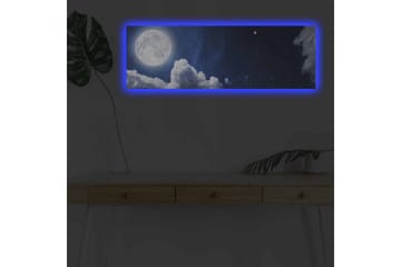 Canvastavla med LED-belysning - Storslagen måne som lyser över en stjärnklar himmel med moln - Mörkblå / Vit / Grå - Inredning - Tavlor & posters - Canvastavla