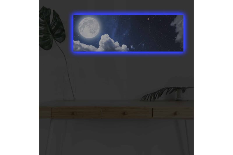 Canvastavla med LED-belysning - Storslagen måne som lyser över en stjärnklar himmel med moln - Mörkblå / Vit / Grå - Inredning - Tavlor & posters - Canvastavla