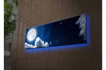 Canvastavla med LED-belysning - Storslagen måne som lyser över en stjärnklar himmel med moln - Mörkblå / Vit / Grå - Inredning - Tavlor & posters - Canvastavla