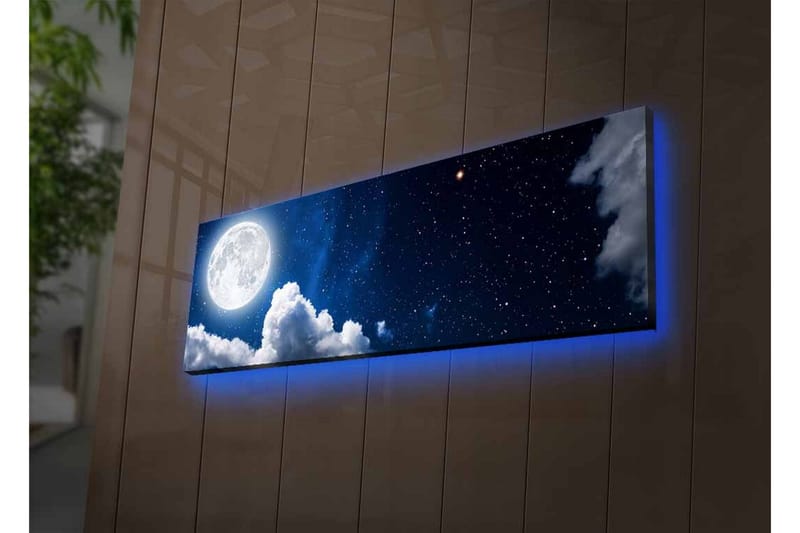 Canvastavla med LED-belysning - Storslagen måne som lyser över en stjärnklar himmel med moln - Mörkblå / Vit / Grå - Inredning - Tavlor & posters - Canvastavla