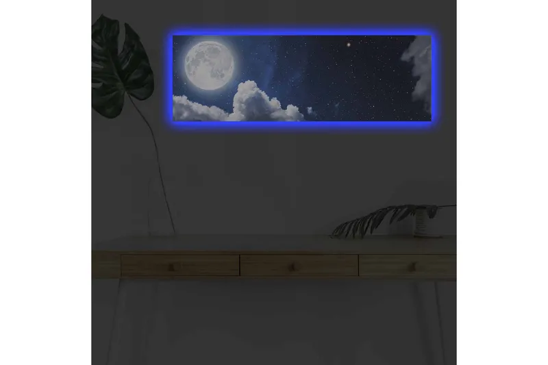 Canvastavla med LED-belysning - Storslagen måne som lyser över en stjärnklar himmel med moln - Mörkblå / Vit / Grå - Inredning - Tavlor & posters - Canvastavla