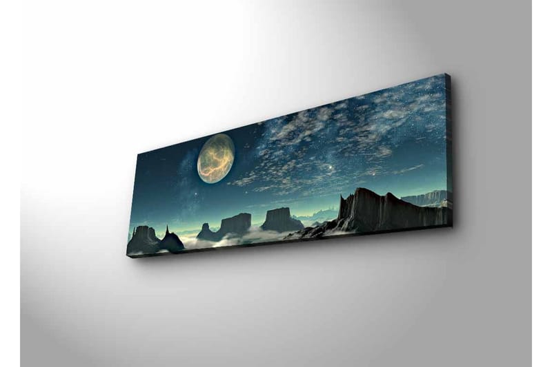 Canvastavla med LED-belysning - Storslagen nattlandskap med en stor måne och dramatiska bergformationer - Mörkblå / Grå / Svart - Inredning - Tavlor & posters - Canvastavla