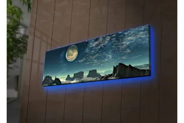 Canvastavla med LED-belysning - Storslagen nattlandskap med en stor måne och dramatiska bergformationer - Mörkblå / Grå / Svart - Inredning - Tavlor & posters - Canvastavla