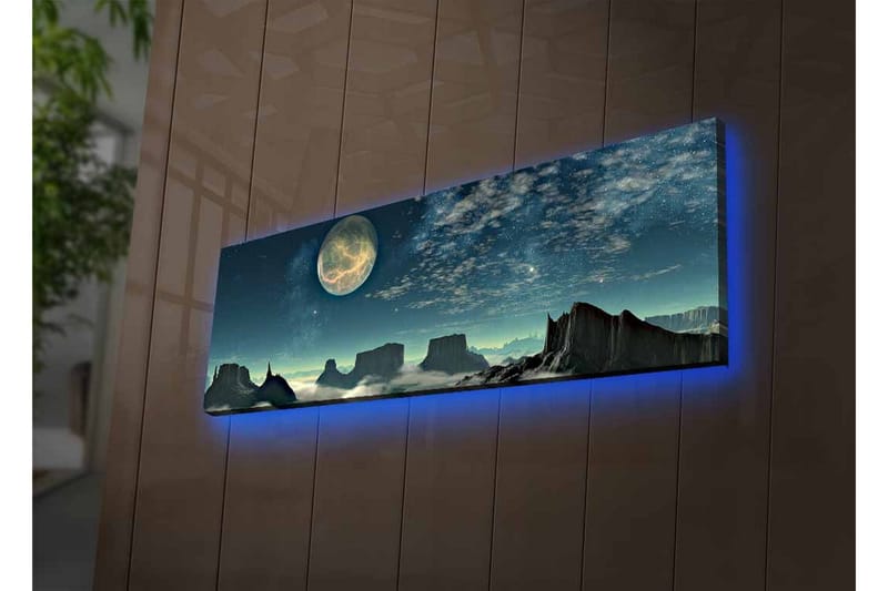 Canvastavla med LED-belysning - Storslagen nattlandskap med en stor måne och dramatiska bergformationer - Mörkblå / Grå / Svart - Inredning - Tavlor & posters - Canvastavla