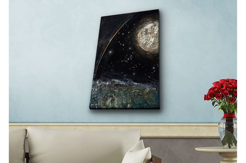 Canvastavla med LED-belysning - Storslagen rymdscen med en planet och stjärnor - Mörkblå / Grön / Vit - Inredning - Tavlor & posters - Canvastavla